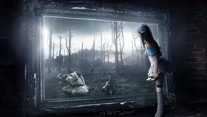 A Girl Is Looking At A Mirror In A Dark Room Wallpaper