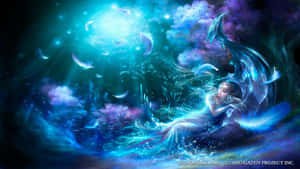A Girl Is Sitting On The Ground With A Blue And White Background Wallpaper