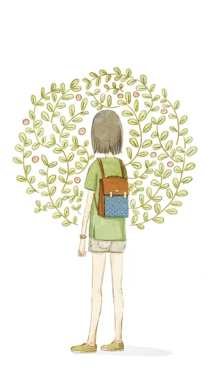 A Girl With A Backpack Standing In A Tree Wallpaper