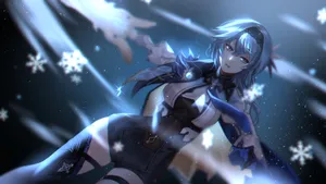 A Girl With Blue Hair And Blue Eyes Is Holding A Snowflake Wallpaper