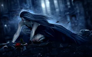 A Girl With Long Hair Sitting On A Wall Wallpaper