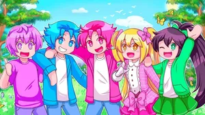 A Group Of Anime Characters Standing In A Field Wallpaper