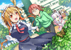 A Group Of Girls In A Green Field With A Butterfly Wallpaper