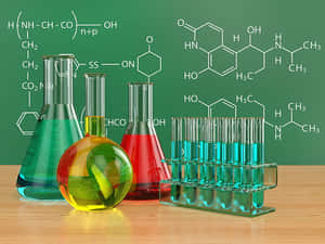 A Group Of Laboratory Flasks And A Chalkboard Wallpaper