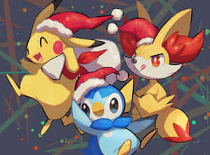 A Group Of Pikachu And Pikachu Wearing Christmas Hats Wallpaper