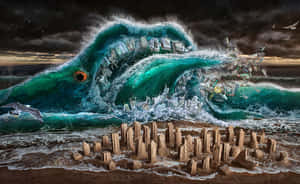 A Large Shark Is Crashing Into A City Wallpaper