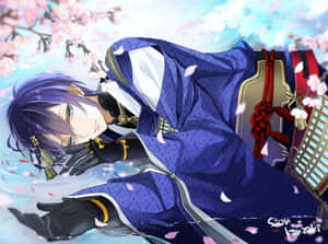 A Man In A Blue Outfit Laying Down In The Spring Wallpaper