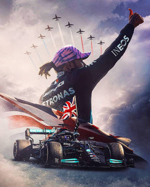 A Man Is Holding A Race Car In Front Of A Flag Wallpaper