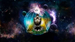 A Man Is Sitting In Front Of A Space With A Star In The Background Wallpaper