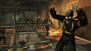 A Man Is Standing In A Room With A Zombie Wallpaper