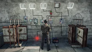 A Man Is Standing In Front Of A Room With Many Electrical Devices Wallpaper