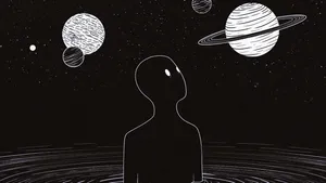 A Man Is Standing In The Water With Planets Around Him Wallpaper