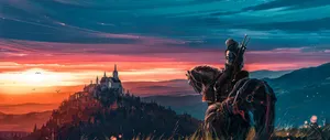 A Man On Horseback Is Standing On A Hill Overlooking A Castle Wallpaper