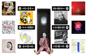 A Man Sitting On The Floor With A Lot Of Different Pictures Wallpaper