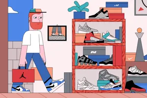 A Man Walking Through A Room Full Of Shoes Wallpaper