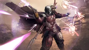 A Mandalorian With A Gun And A Purple Light Wallpaper