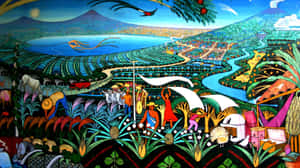 A Mural Of A Tropical Scene Wallpaper