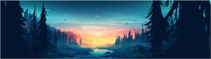 A Painting Of A Forest With A River In The Background Wallpaper