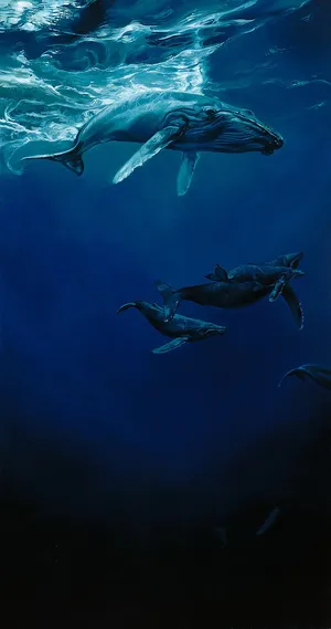 A Painting Of A Humpback Whale And Its Young Wallpaper