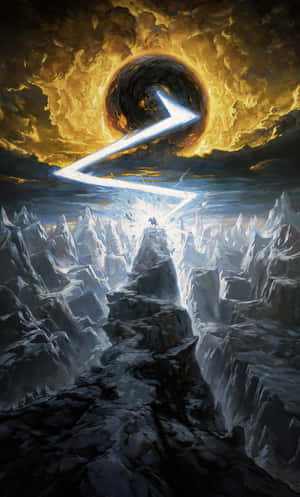 A Painting Of A Mountain With A Lightning Bolt In The Sky Wallpaper