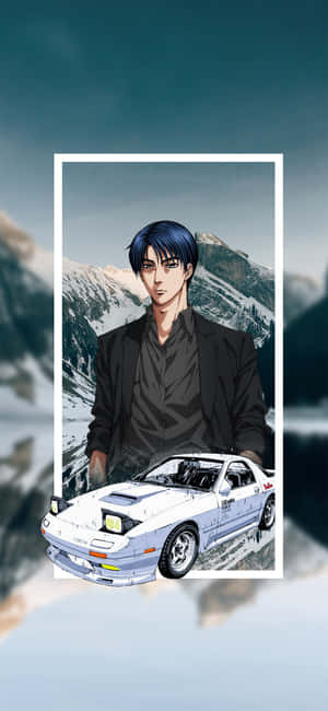 A Picture Of A Man With A Car In Front Of Mountains Wallpaper