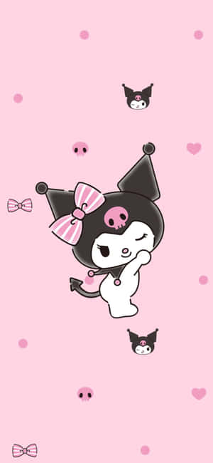 A Pink Background With A Black Cat And Hearts Wallpaper