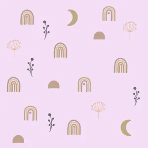 A Pink Background With A Rainbow, Moon And Flowers Wallpaper