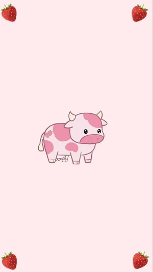 A Pink Cow With Strawberries Around It Wallpaper