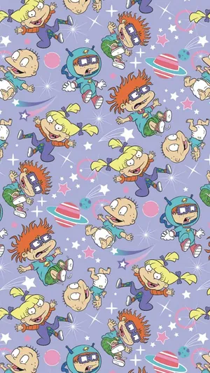 A Purple Fabric With Cartoon Characters On It Wallpaper