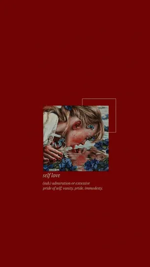 A Red Background With A Painting Of A Woman With Flowers Wallpaper