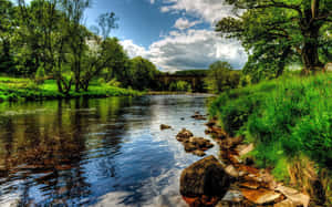 A River With Rocks And Trees In The Background Wallpaper