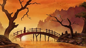 A Samurai Warrior Crossing A Bridge Wallpaper