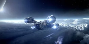 A Spaceship Flying Over The Clouds Wallpaper