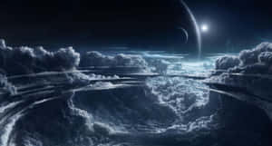 A Spaceship Is Flying Over Clouds And A Planet Wallpaper