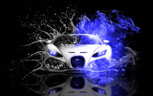 A White Car With Blue Smoke And Water Wallpaper