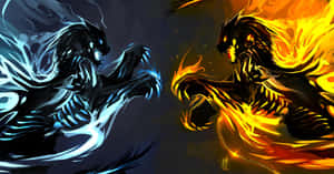 A Wolf Emerges From A Stormy Sky Over A Lake, Blazing In Fire And Ice. Wallpaper