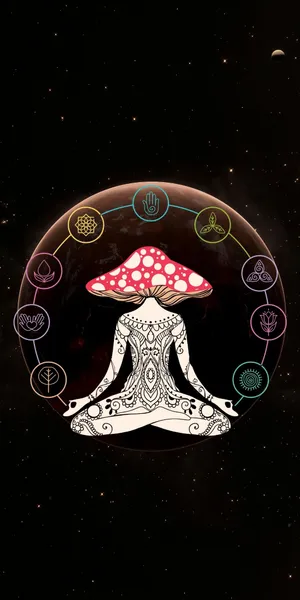 A Woman In A Lotus Pose With A Mushroom In The Background Wallpaper