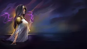 A Woman In A White Dress With A Lightning Bolt In Her Hand Wallpaper