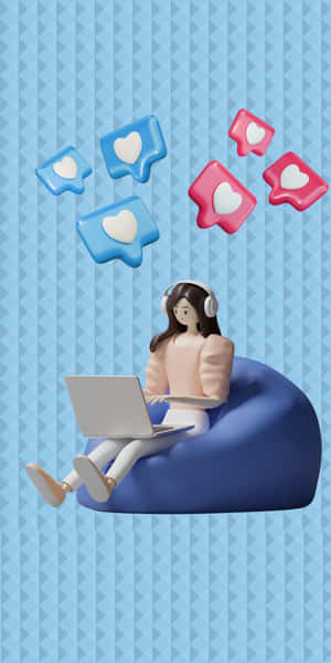 A Woman Sitting On A Bean Bag With A Laptop And Heart Icons Wallpaper