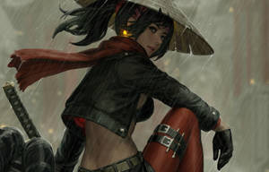 A Young Female Samurai, Trained In Traditional Japanese Martial Arts, Stands Ready To Fight. Wallpaper