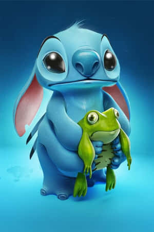 Adorable Stitch Holding A Green Frog Wallpaper