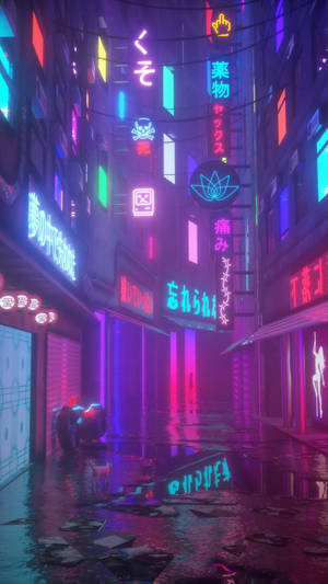 Aesthetic Anime Street With Neon Signs Phone Wallpaper