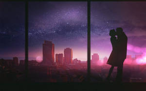 Aesthetic Couple Silhouette In Glass Window Wallpaper