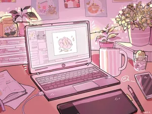 Aesthetic Girly Work From Home Setup Wallpaper