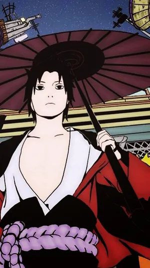 Aesthetic Sasuke With Kimono And Wagasa Wallpaper