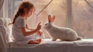 Aesthetic White Rabbit And A Girl Wallpaper