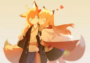 Affectionate Anime Fox Girls Wallpaper