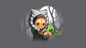 Ahsokaand Grogu Cartoon Bonding Wallpaper