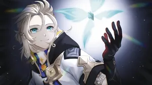 Albedo Genshin Impact Looking At Blue Flower Wallpaper