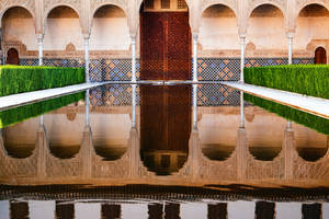 Alhambra Pool Reflects Arches Wallpaper